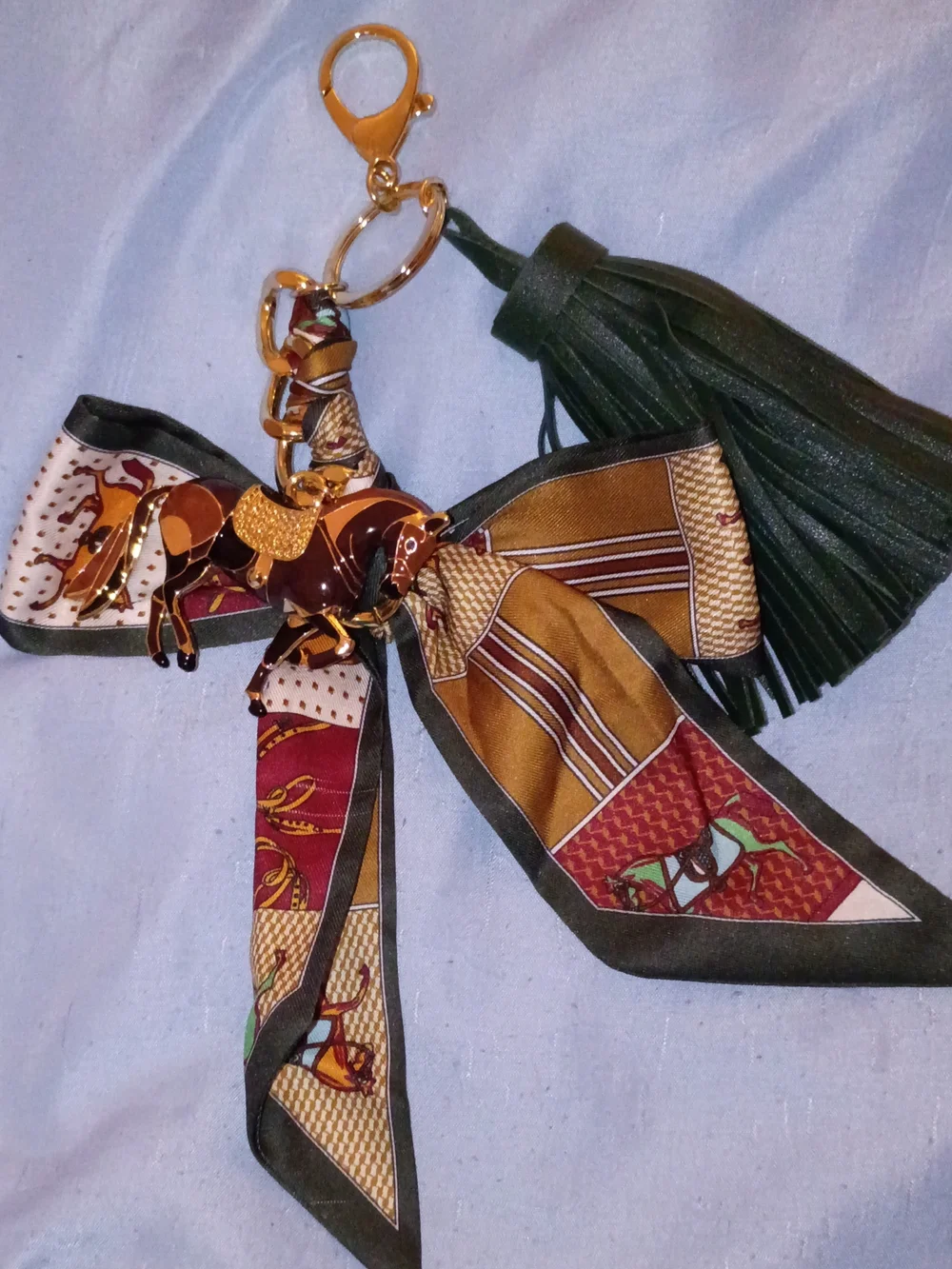 Gold Equestrian Horse Charm Keychain with Green Tassel and Multicolor Scarf